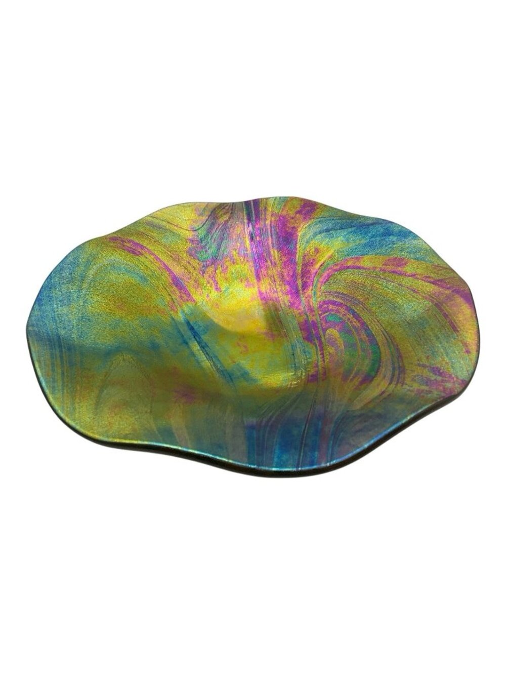 Irridescent Art Glass Bowl Purple Green and Gold Swirls Textured Finish Gorgeous